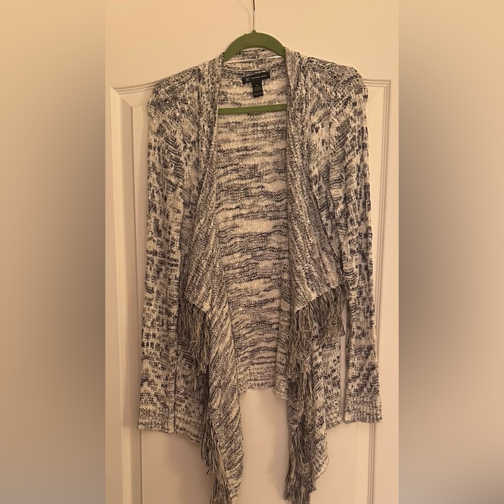 INC International Concepts Black and White Fringe Cardigan